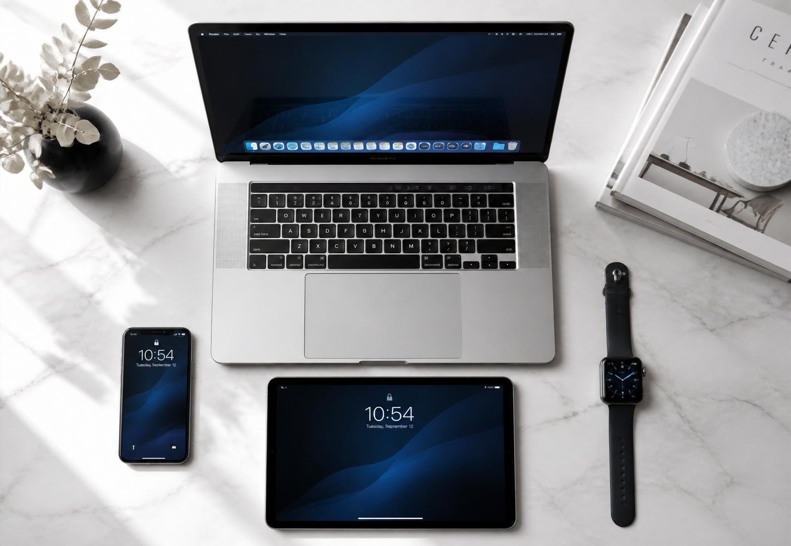 Ecossistema Apple: MacBook, iPhone, iPad e Apple Watch em mesa de mármore